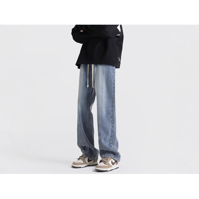 American Retro Elastic Waist Gradient Jeans Men's Spring Design Loose Drape Straight Wide-Leg Long Pants
