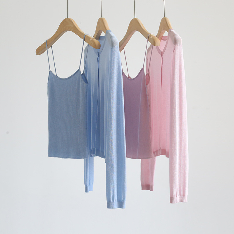 Summer Style Commuter Outfit: Shiny Tencel Round-Neck Long-Sleeve Knit Cardigan and Slim-Fit Thin Two-Piece Set for Women Summer Style Commuter Outfit: Shiny Tencel Round-Neck Long-Sleeve Knit Cardigan and Slim-Fit Thin Two-Piece Set for Women