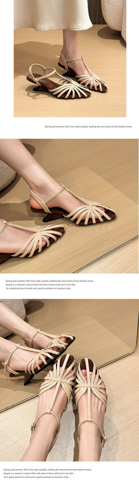 Giày sandal La Mã nữ quai ngang dệt phối gót xuồng mũi nhọn khoét hở gót — Màu be, Màu đỏ rượu chi tiết 4