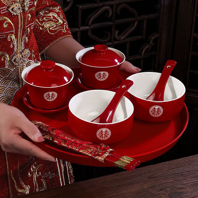 敬茶杯结婚喜碗套装敬酒改口龙凤对碗红碗一对碗筷婚礼用品批发