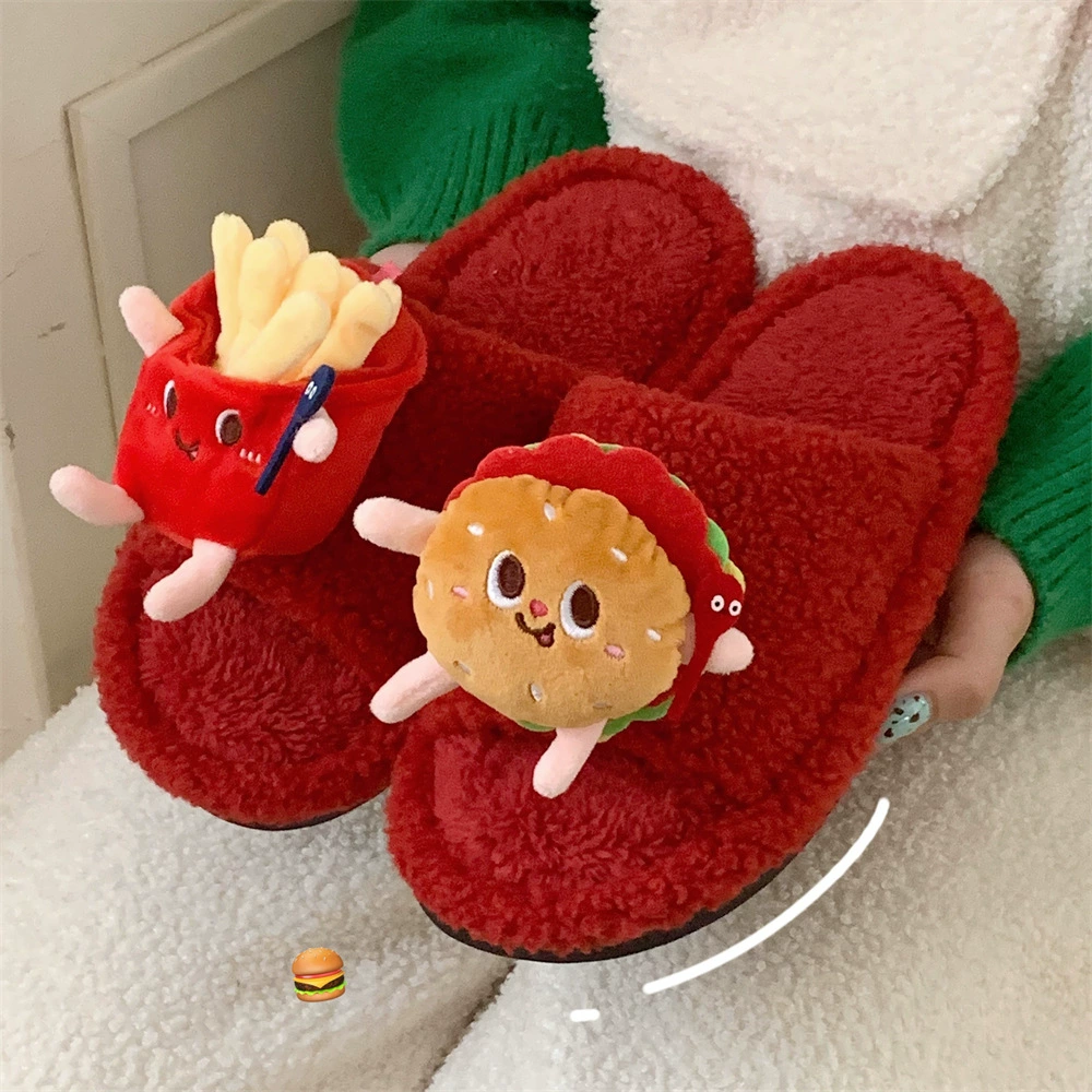 Веселый картофель фри гамбургер осень-зима свадебная мода пара теплые красные тапочки для мужчин и женщин праздничные хлопчатобумажные тапочки