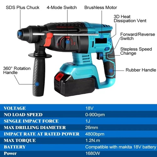Wholesale Foreign Trade Makita Style Cordless Brushless Electric Hammer Multifunction Industrial Impact Drill High-Power Demolition Hammer Tool