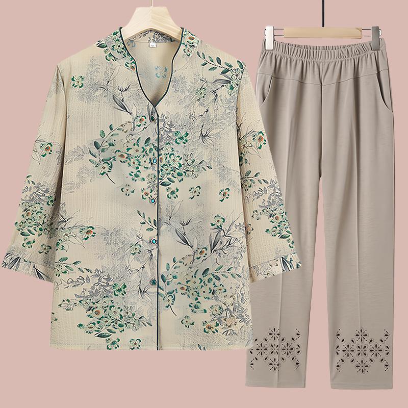 Mother's Seven-point Sleeve Two-piece Set Middle-aged and Elderly Women's Summer Thin Top Shirt Old Lady's Clothes Grandma's suit