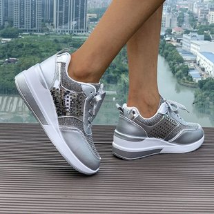European and American ladies slope heel thick bottom sneaker 2025 summer plus size breathable sequin round head lace spring and autumn new casual
