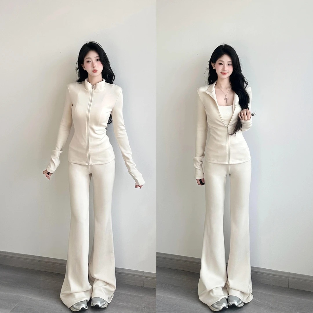 Korean White Casual Sports Yoga Suit Women's Stand-Up Collar Jacket Bell-Bottom Pants 2025 Early Autumn Outfit Set