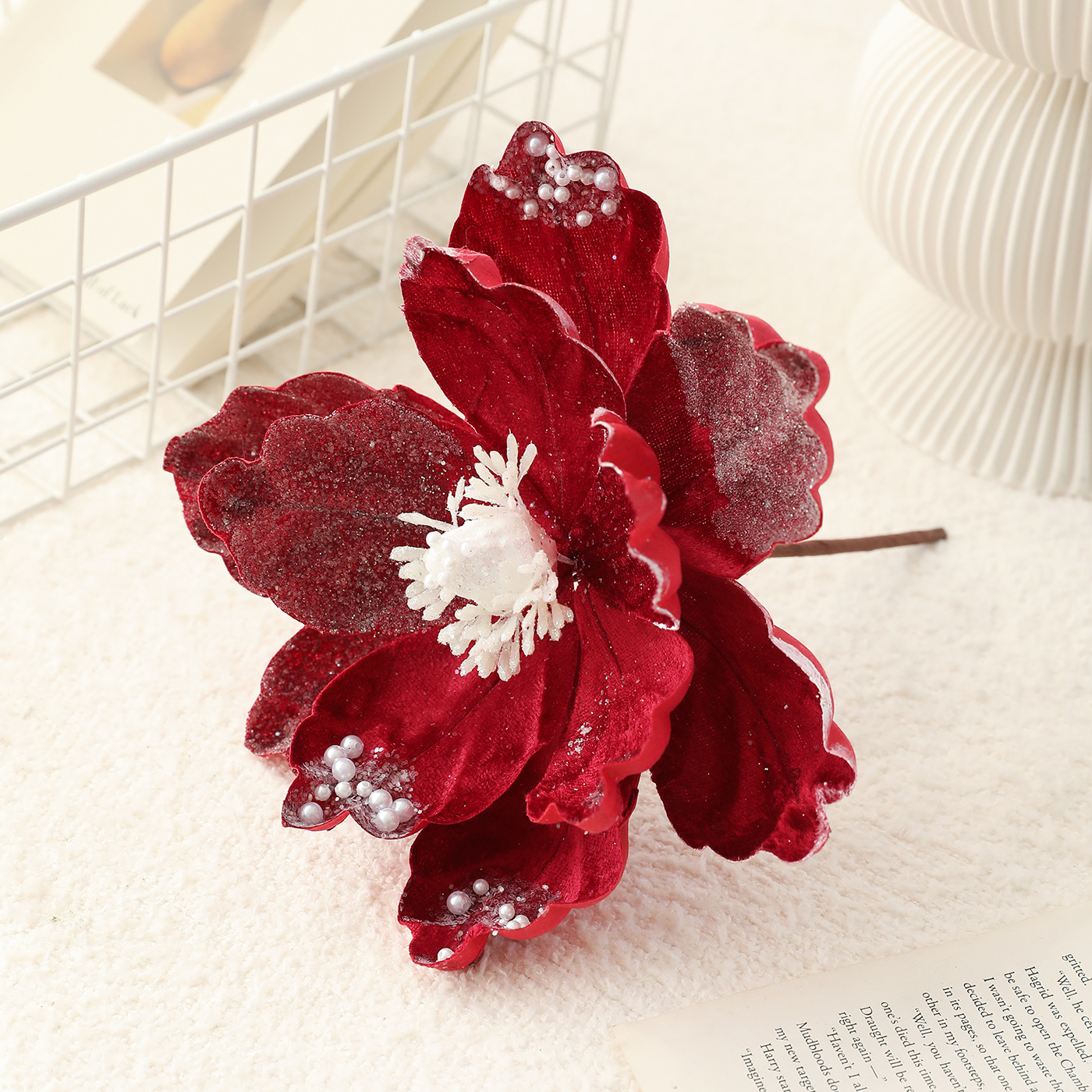 Nuevo producto 15CM flocado de polvo de viscosidad flor de Navidad magnolia de alta calidad tela de lujo decoración de Navidad imitación flores