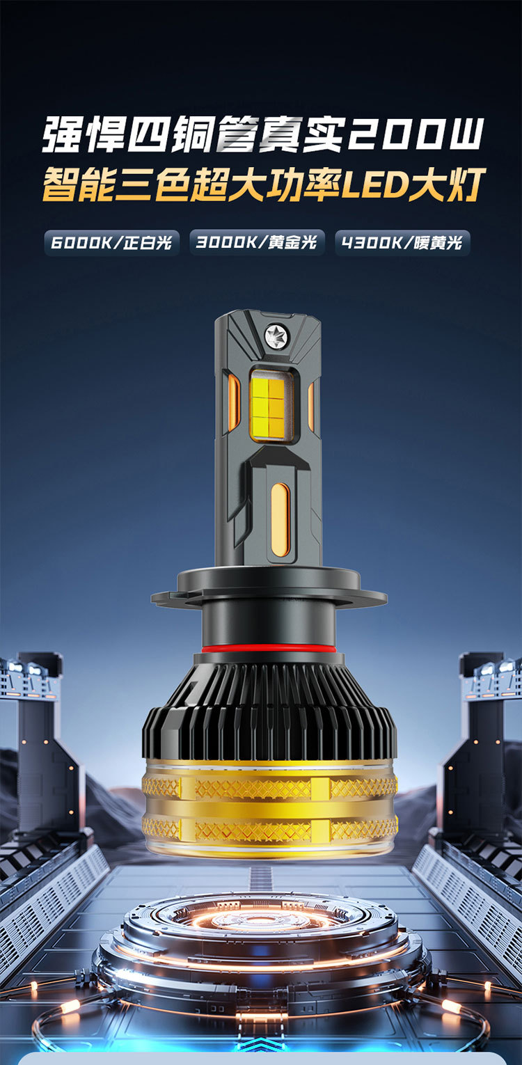 Cross-border hot sale M95 three-color laser car led headlight four copper tube 200W high-power intelligent decoding headlight