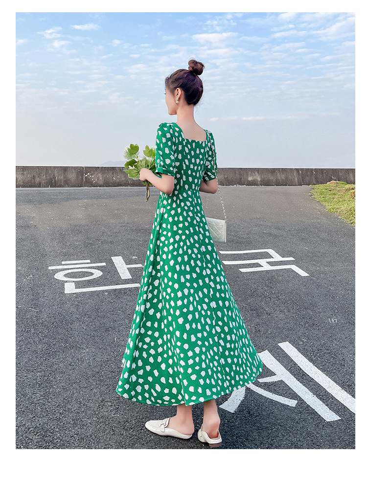 Sexy Short-sleeved Korean Hepburn-style Elegant Dress, A-line Chiffon, Pure And Alluring, Plus-size, Green Floral_ecoleips.com