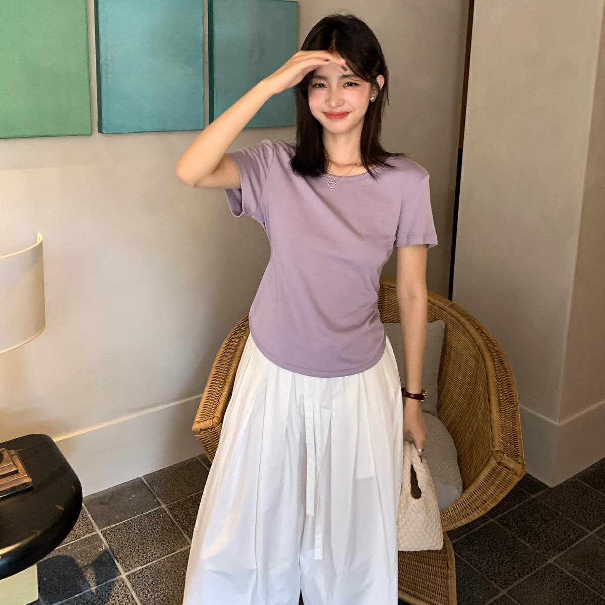 KITTIN estándar coreano! Diseño de cuello en U de verano sentido temperamento espalda cruz cintura delgada camiseta de manga corta mujer B3283 image 5