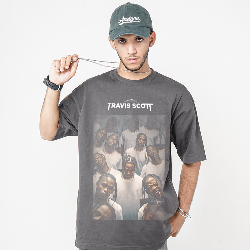 Bc Europa y América calle hip hop Travis Scott rap personaje impreso lavado apenado suelta manga corta Camiseta de los hombres