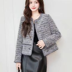 小香风短外套女圆领春秋2025新款粗花呢重工气质百搭上衣外穿