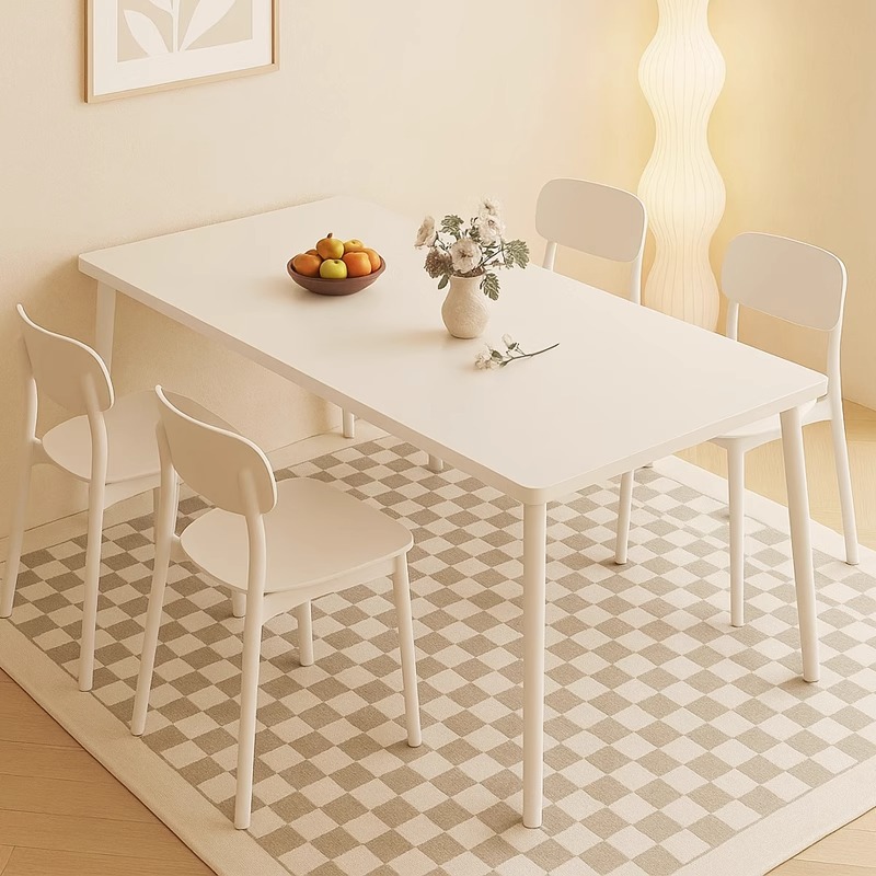 Mesa de comedor para el hogar, apartamento pequeño, mesa de comedor de estilo crema blanca, largas tiras, patas de madera maciza, mesa de tablero grande, mesa de comedor, cocina, mesa de alquiler