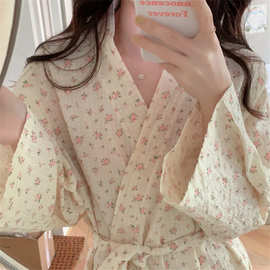 实拍205春季新款格子碎花睡袍女可爱浴袍长款和服ins睡衣家居服