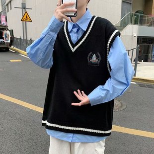 Autumn and Winter Hong Kong Style Collar College Embroidered Knitwear Sweater Vest for Male Students Korean Fashionable Loose Outer Vest