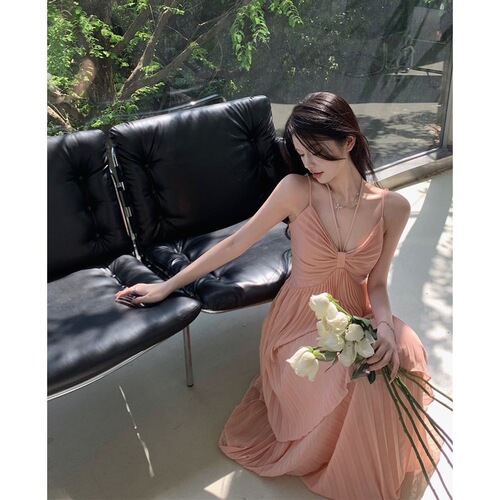 Seaside vacation style sweet and spicy fake two-piece design suspender dress summer new style fairy style French pure desire long dress