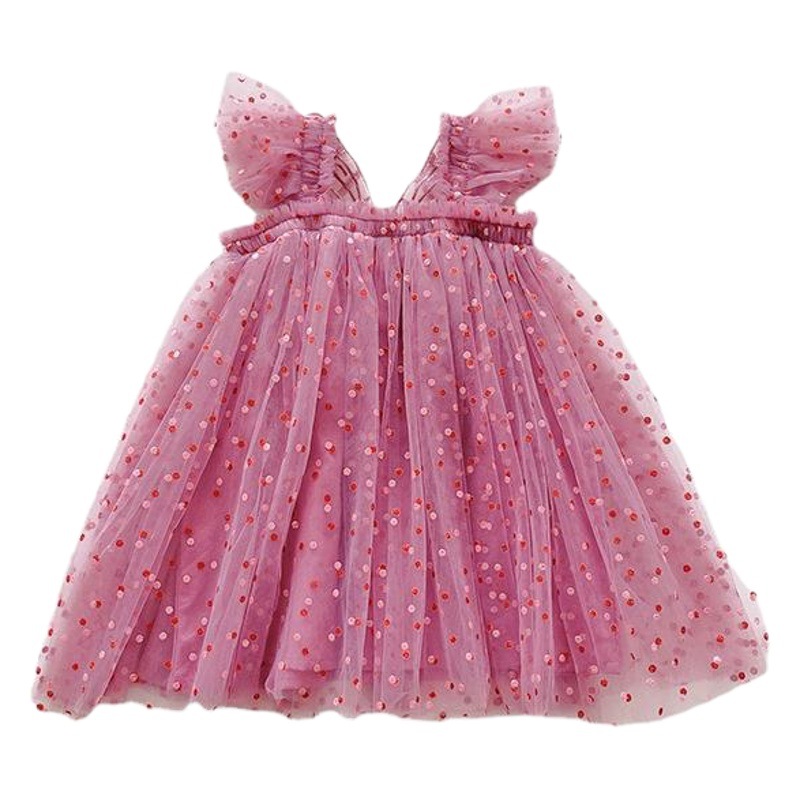 Estilo coreano manga voladora alas tridimensionales vestido de niña 2024 verano polka dot bebé niña vestido de malla mullido vestido de princesa