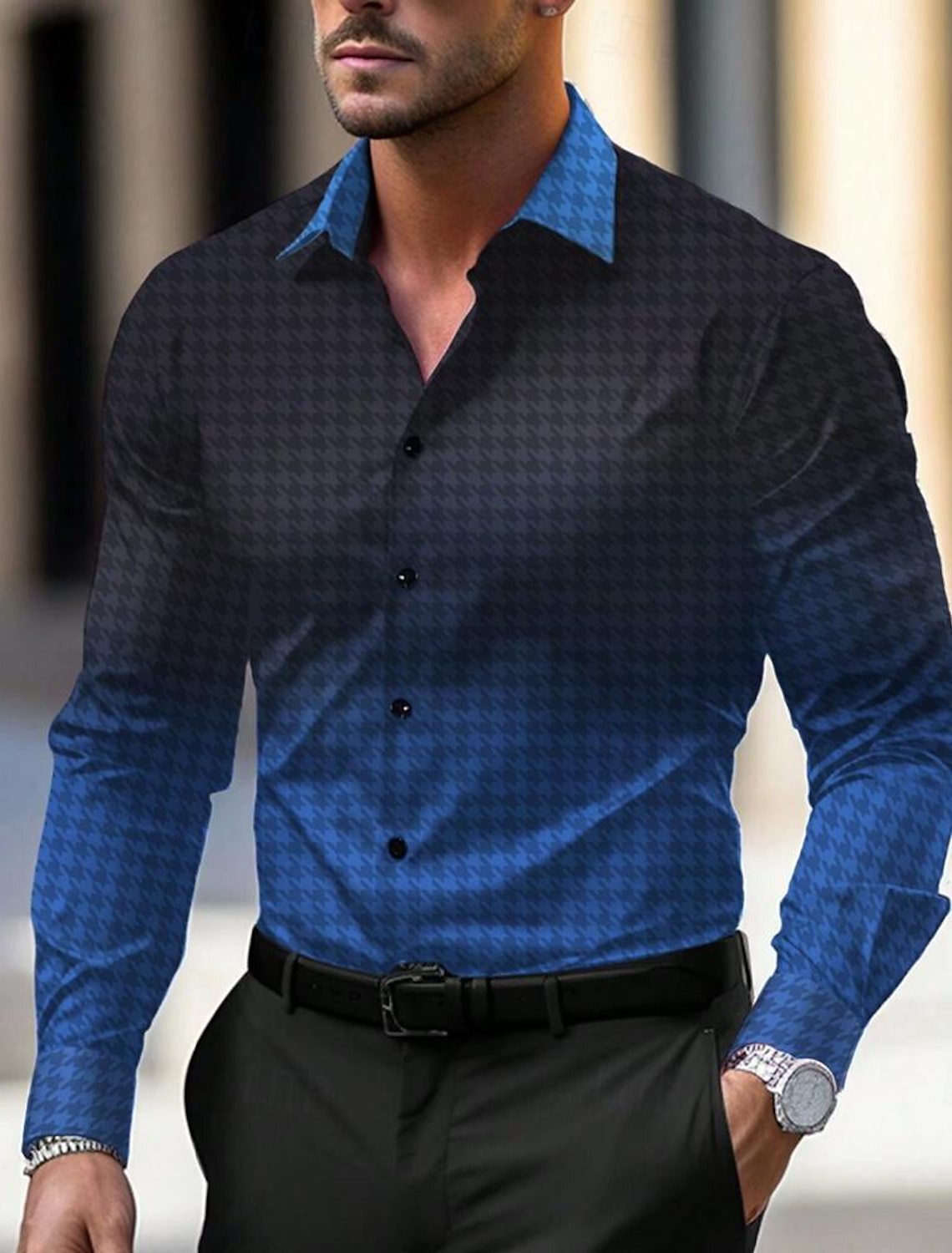 2024 nuevo estilo comercio exterior europeo y americano casual salvaje tendencia de moda color degradado camisa de manga larga para hombre MB12