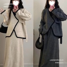 大码女装秋冬季加绒套装不规则针织上衣宽松胖MM显瘦半身裙两件套