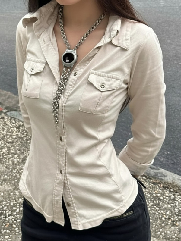 欧美翻领简约休闲工装紧身针织衬衫跨境新款修身显瘦设计长袖上衣|undefined