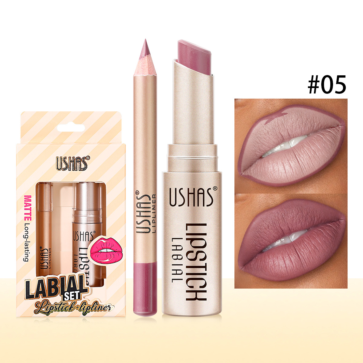 USHAS Europa y los Estados Unidos en stock transfronterizo lápiz labial + lápiz labial impermeable a prueba de agua permanente conjunto de lápiz labial US011