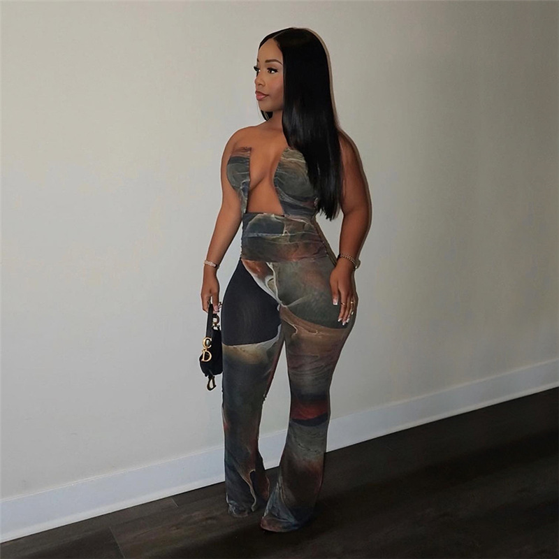 Women Clothing Autumn Winter Sexy Tube Top Backless Abstract Printing High Waist Long Jumpsuit