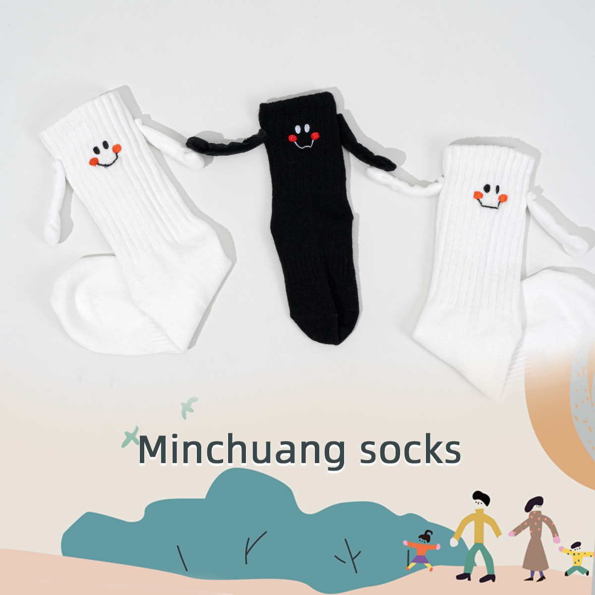 Mano sosteniendo calcetines de succión magnética macho y hembra bebé media pantorrilla calcetines lindo gracioso sonriente cara de moda de dibujos animados Internet celebridad estilo manejar padres e hijos Calcetines