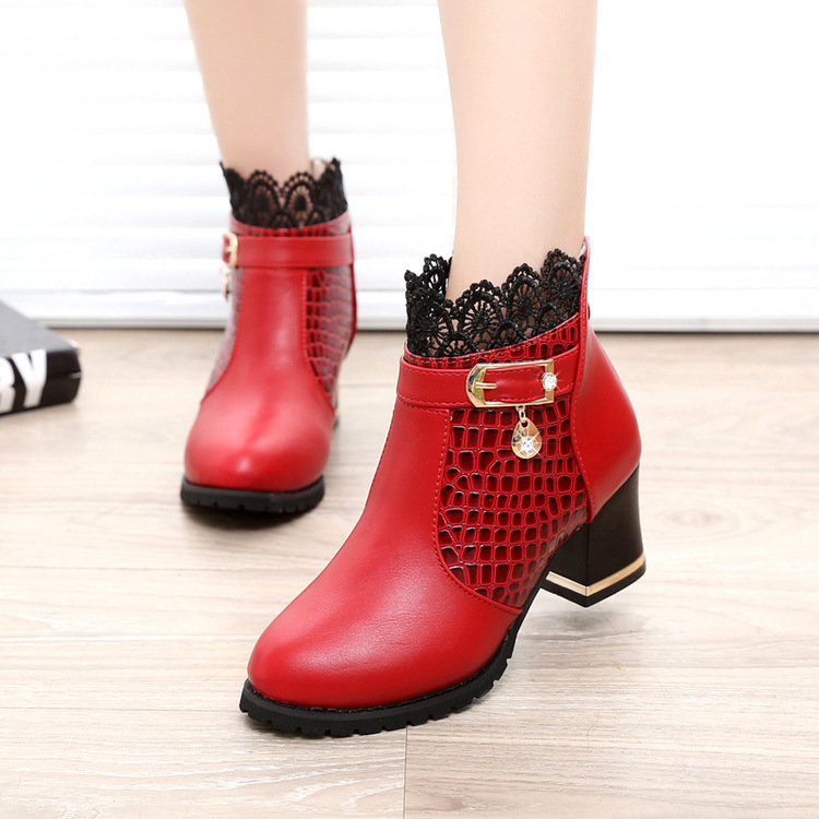 2024 Autumn and Winter New European and American Martin Boots High Heel Women's Short Boots Thick Heel Ankle Boots Sexy Lace Round Toe Women's Shoes
