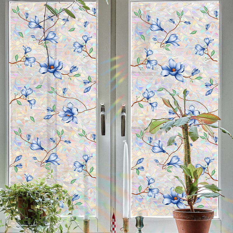 Watercolor Blue Magnolia Laser Window Sticker Home DIY Bathroom Sliding Door Decoration Electrostatic Glass Sticker Spring Festival Privacy Protection