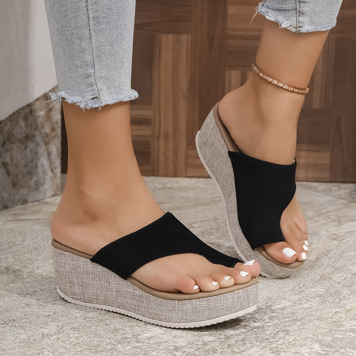 Damenschuhe Große Keilabsatz-Sandalen mit Zehenplattform und dicker Sohle, modische Schuhe_voghion.com