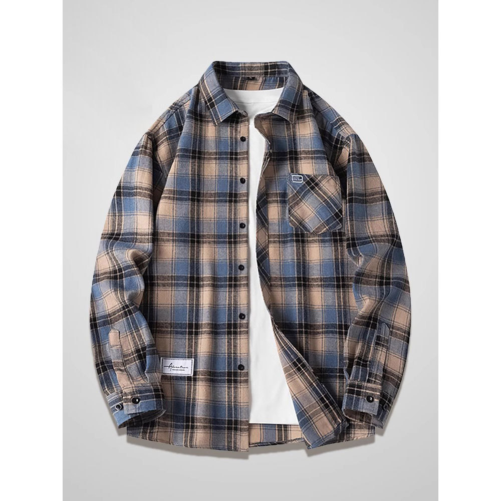 American trendy long sleeved plaid for men's 2024 spring and autumn new lapel casual shirt jacket top_voghion.com
