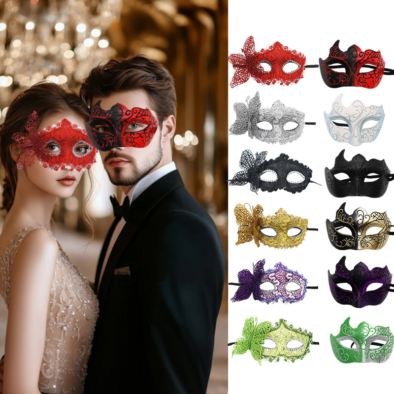 Nuevo Halloween transfronterizo baile de máscaras carnaval negro pintado hombre pareja pintada máscara de mitad de cara de alta calidad