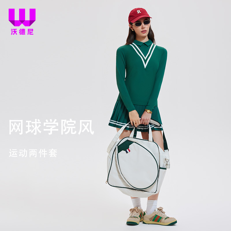 Traje deportivo de tenis de mujer otoño y invierno transpirable seco rápido golf yoga vestido corto con solapa manga larga dos piezas set