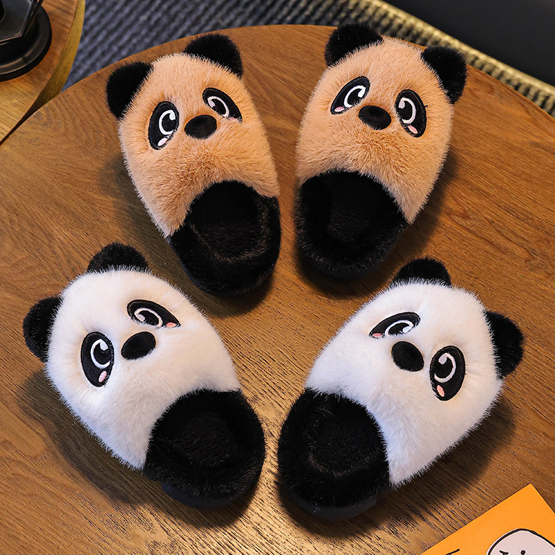 Otoño y invierno zapatillas de algodón para niños, niños y niñas, calentamiento y peluche panda en el hogar, zapatos de algodón para niños pequeños y medianos