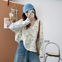 V领针织开衫 2025秋季新款 时尚气质印花百搭外套上衣女毛衣2518