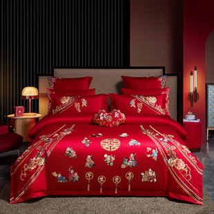 New Chinese style cotton embroidery wedding four-piece set high-end fashion Red Wedding cotton multi-piece bed sheet bed cover