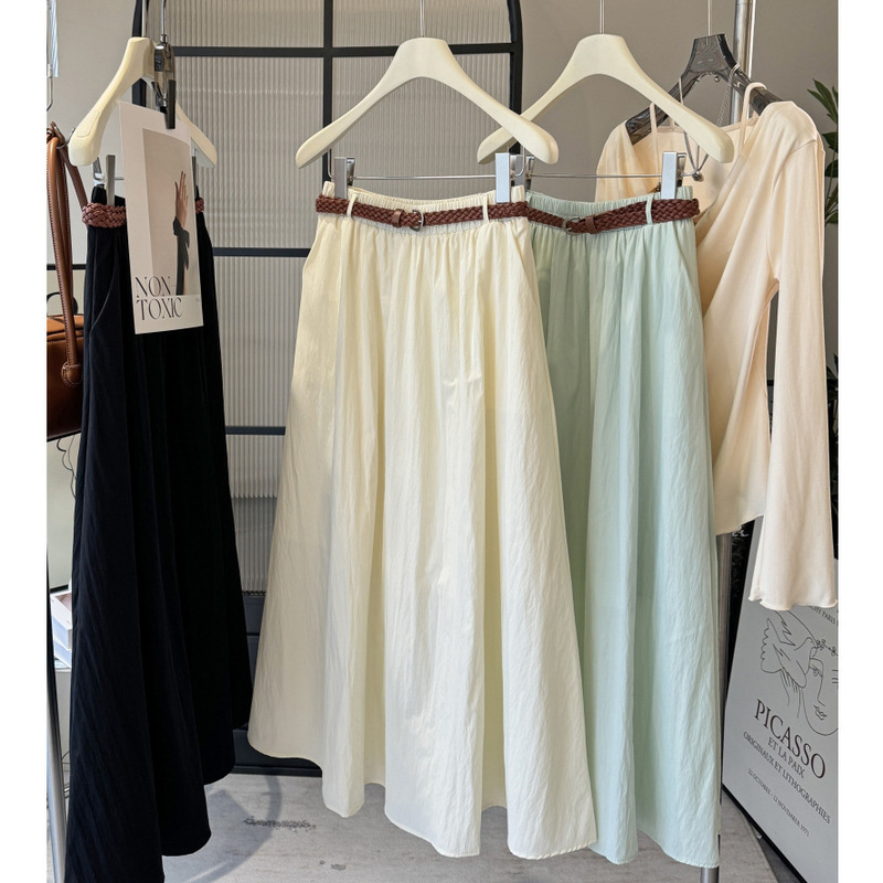 Vintage Solid Color High Waist Pleated A- Line Skirt Artistic Japanese Style Long Skirt 2025 Spring Large Swing Skirt with Belt Vintage Solid Color High Waist Pleated A- Line Skirt Artistic Japanese Style Long Skirt 2025 Spring Large Swing Skirt with Belt