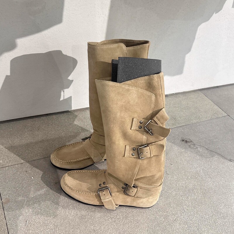 Autumn Suede Long Boots for Women, Retro Belt Buckle, Hidden Heel, Over-The-Knee Western Riding Boots (Tax Not Included)