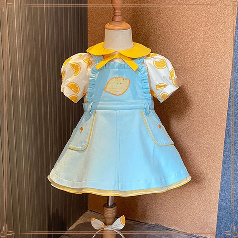 여름과 가을 작은 레몬 셔츠 서스펜더 스커트 공주 원피스 어린이 의류 새로운 외국 스타일의 긴 소매 세트 가을과 겨울 인테리어 벨