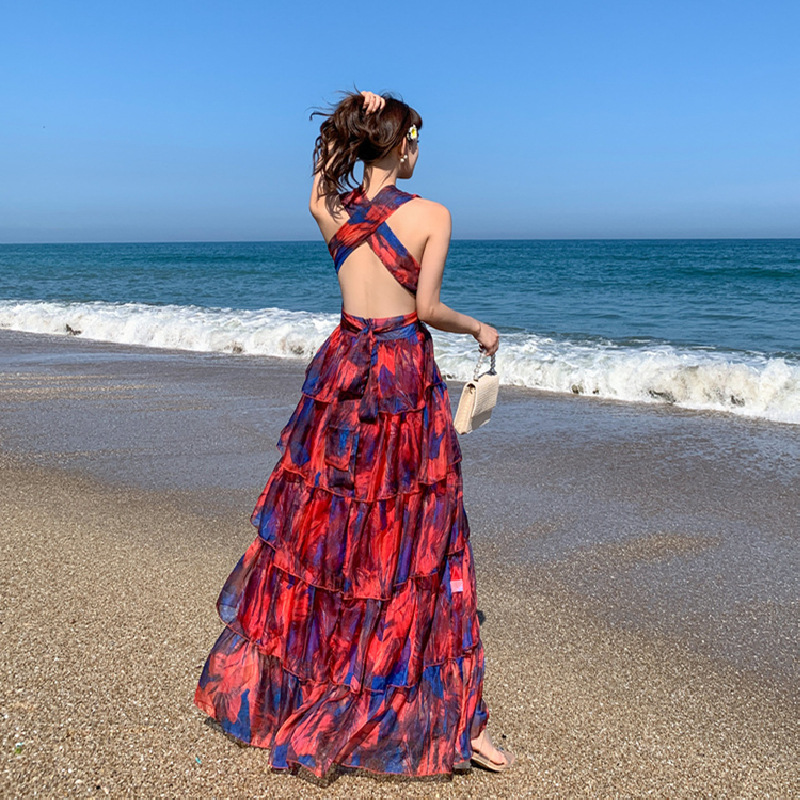 리얼 샷 싱글 송 Zhiya 같은 칼라 인쇄 원피스 높은 허리 틈새 해변 휴일 원피스