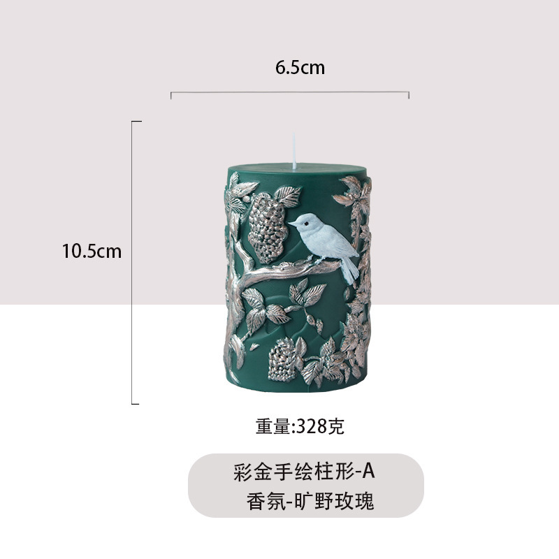 跨境热销彩金手绘柱形蜡烛造型香薰蜡烛装饰饰品花绘法式优雅高级|undefined