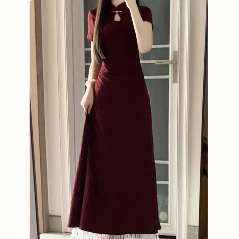 New Chinoiserie Improved Cheongsam Red Dress Women's Small Long Skirt 2025 Summer New Style
