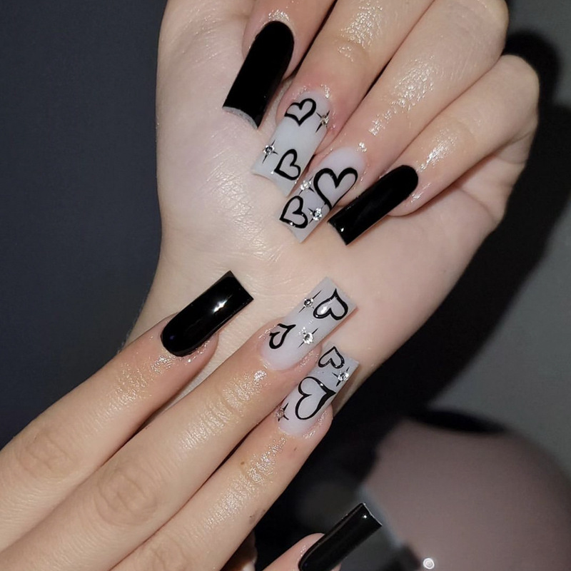 Wear Armor Valentine's Day Rectangular Black Milky White Love Diamond Removable Fake Nail Nail Nail