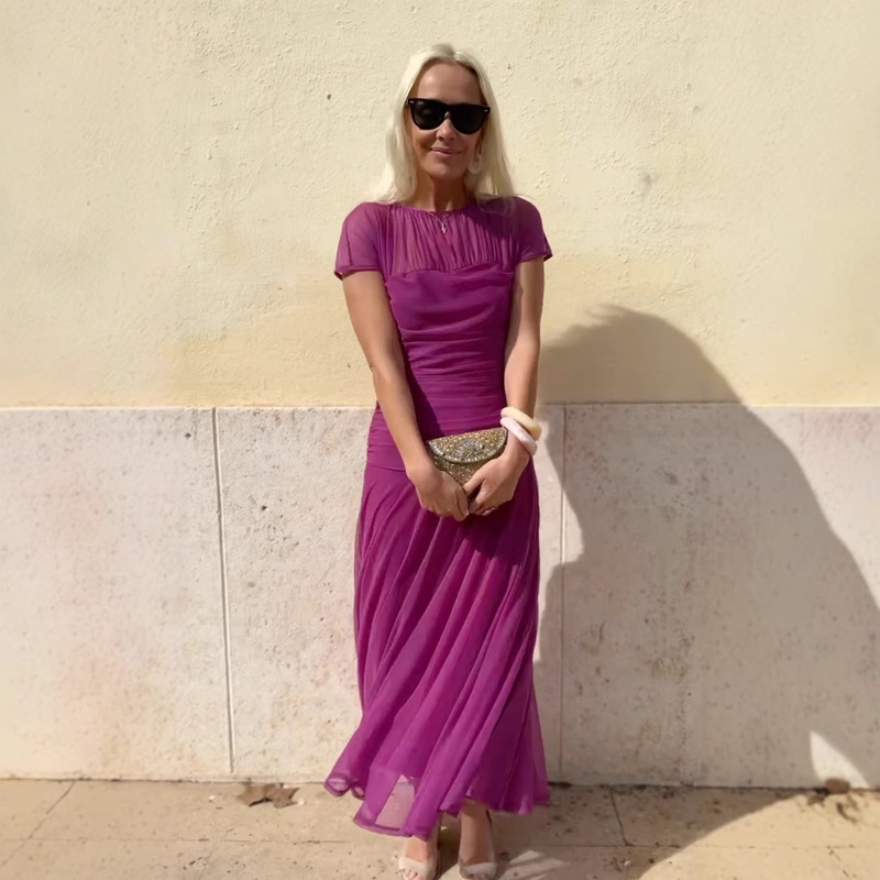 2026 European and American Cross-Border Women's Fashion Spring/Summer New Chiffon Round Neck Short-Sleeve Sheer Flared Bodycon Ruched Dress