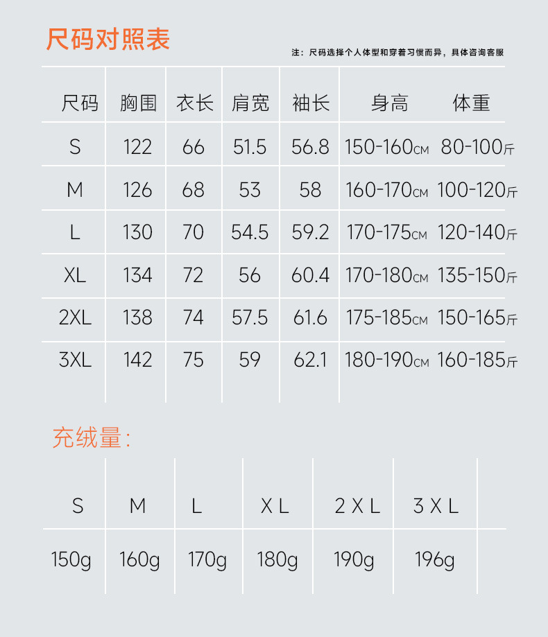 사이즈 차트 및 다운 충전량 표시