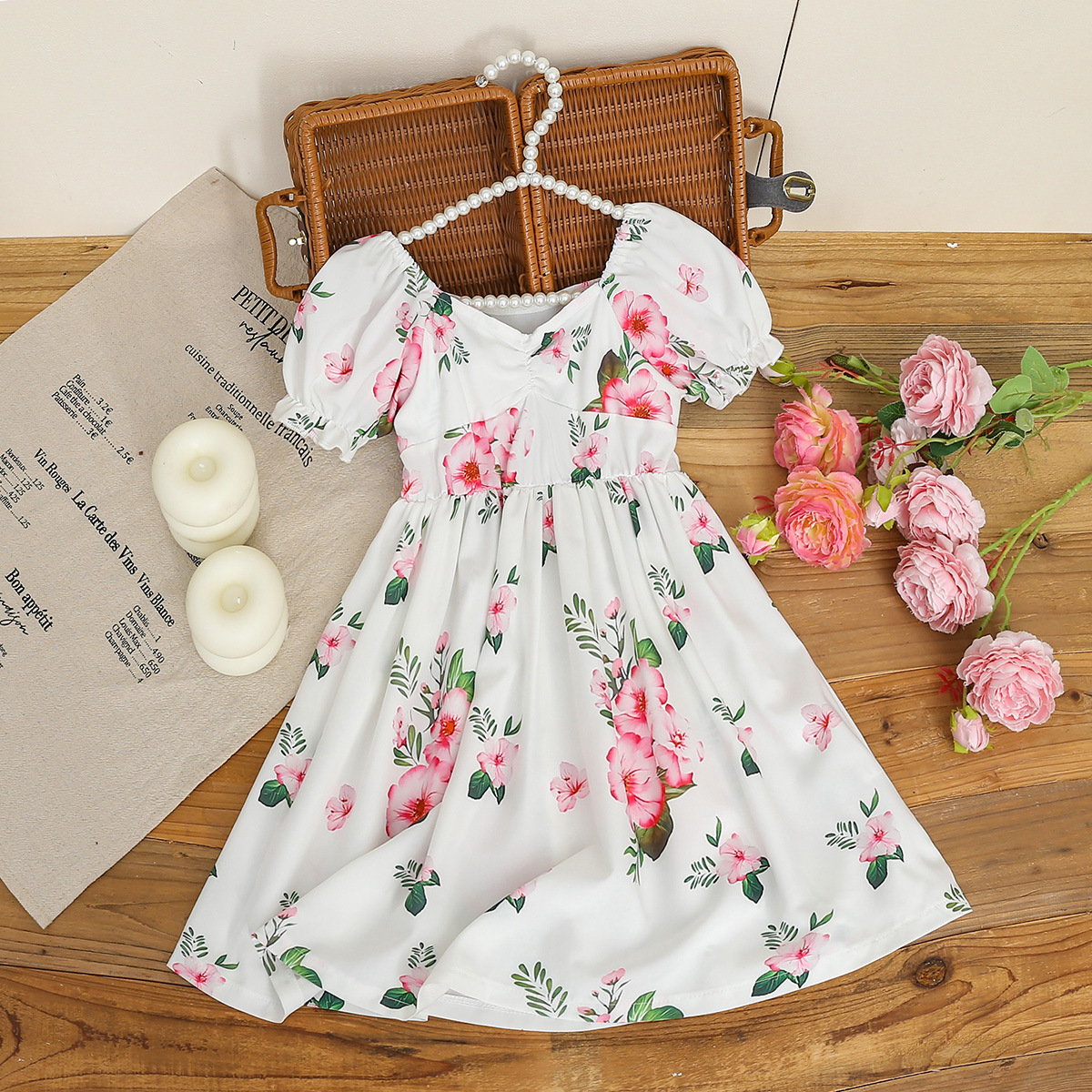 女童花朵图案泡泡袖连衣裙夏装儿童甜美气质碎花裙洋气时尚长裙