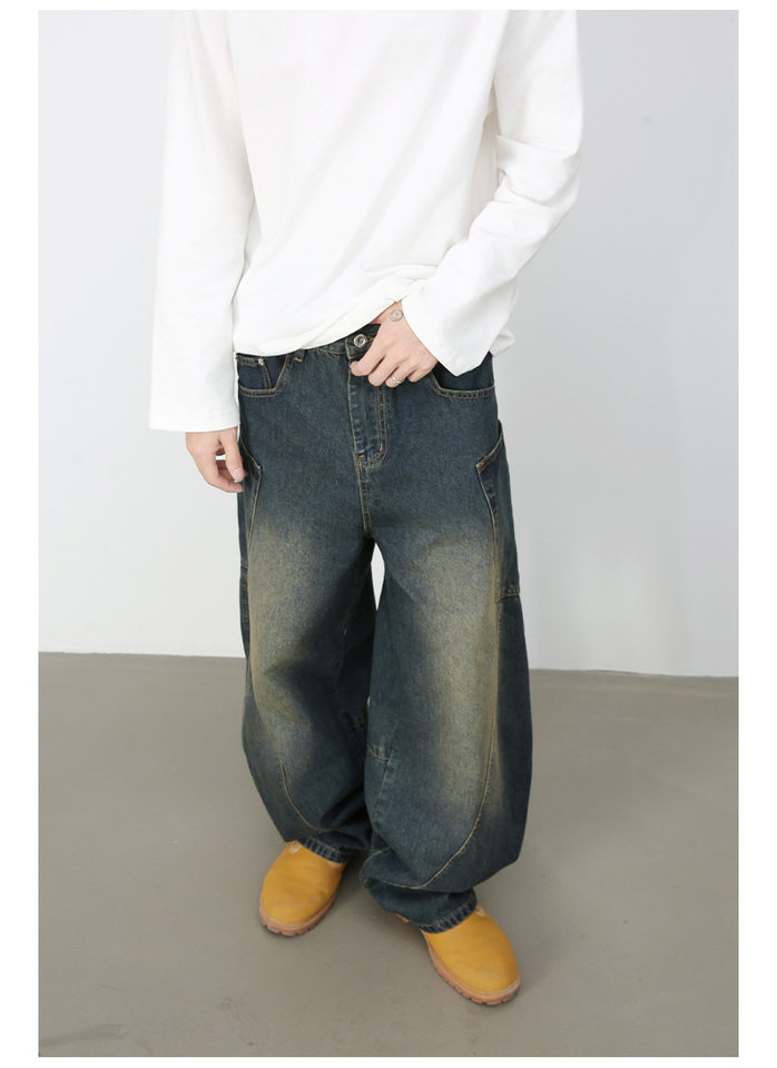 Quần jean nam ống rộng phong cách đường phố retro, nhiều túi hộp, dáng lỏng lẻo — Denim đen, Trắng, màu hồng, màu xanh chi tiết 28