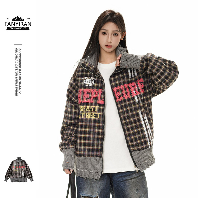 Nepleure American Trendy Brand Lapel Jacket Loose National Trendy Brand Splicing Plaid Jacket for Men and Women Ck006