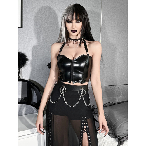 SY22049AH European and American dark bat suspender top female PU sexy hottie navel exposed zipper tight beautiful back suspender