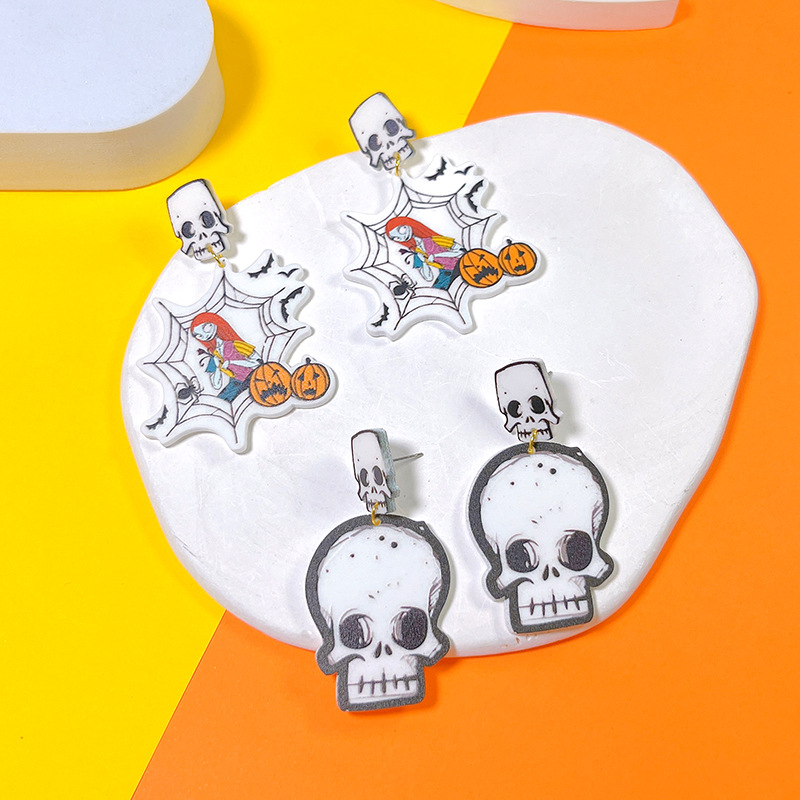 1 Pair Quantity 1 Pair Halloween Hip-Hop Punk Pumpkin Spider Web Skull Arylic Drop Earrings