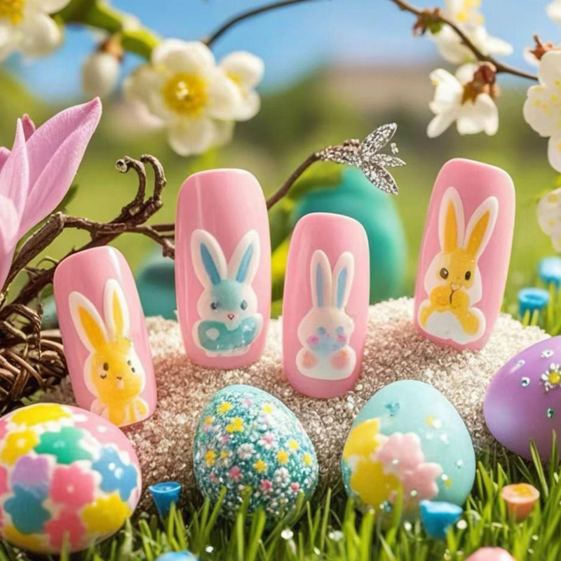 New 24-Piece Easter Cartoon Style Wearable Square Long Nail Patches Cross-Border Nail Patches Wholesale